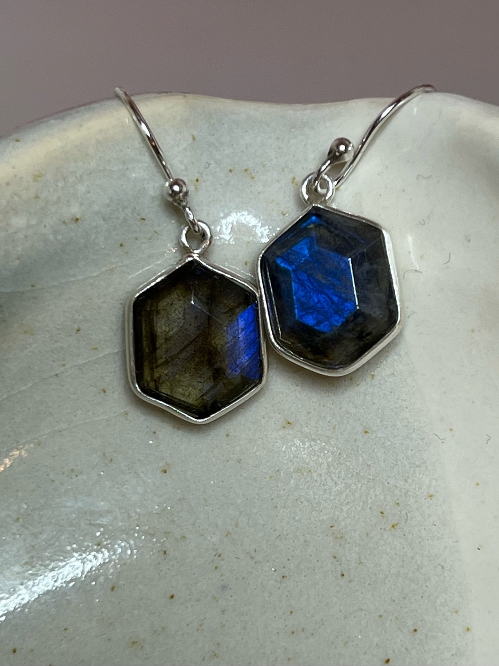 Labradorite Hexagon Dangle Earrings in 925 Sterling Silver